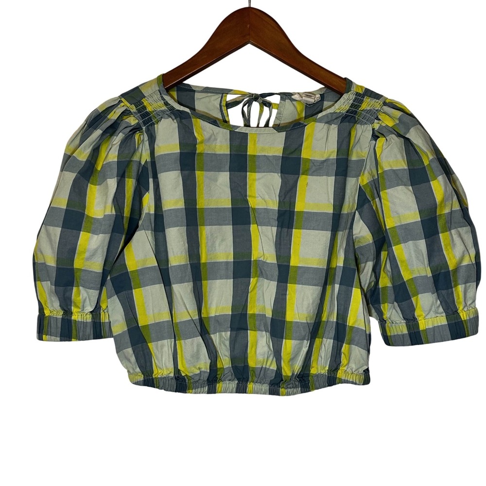 a.n.a A New Approach Green Yellow Plaid Crop Top Balloon Sleeves Size Medium